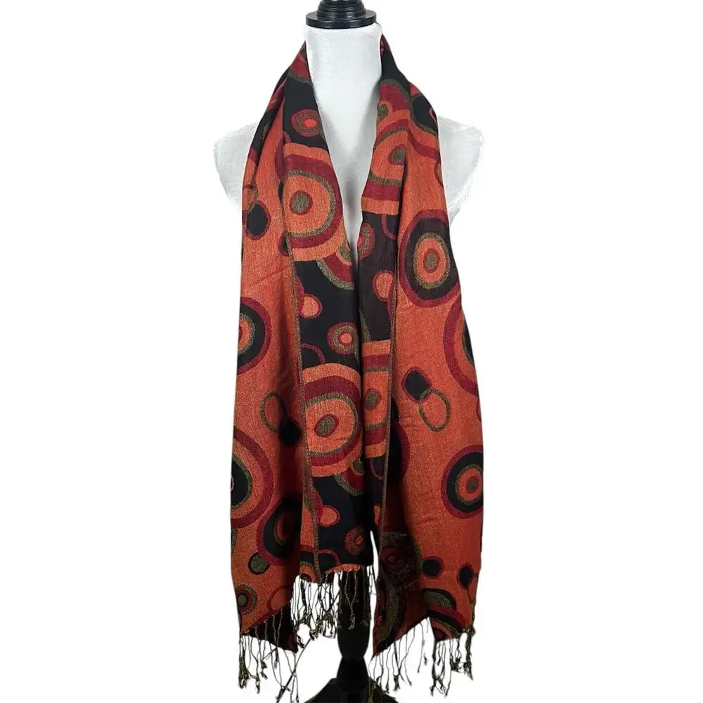 🔥 Boho Circle Print Tassel Trim Scarf Orange, Green, Red Brown